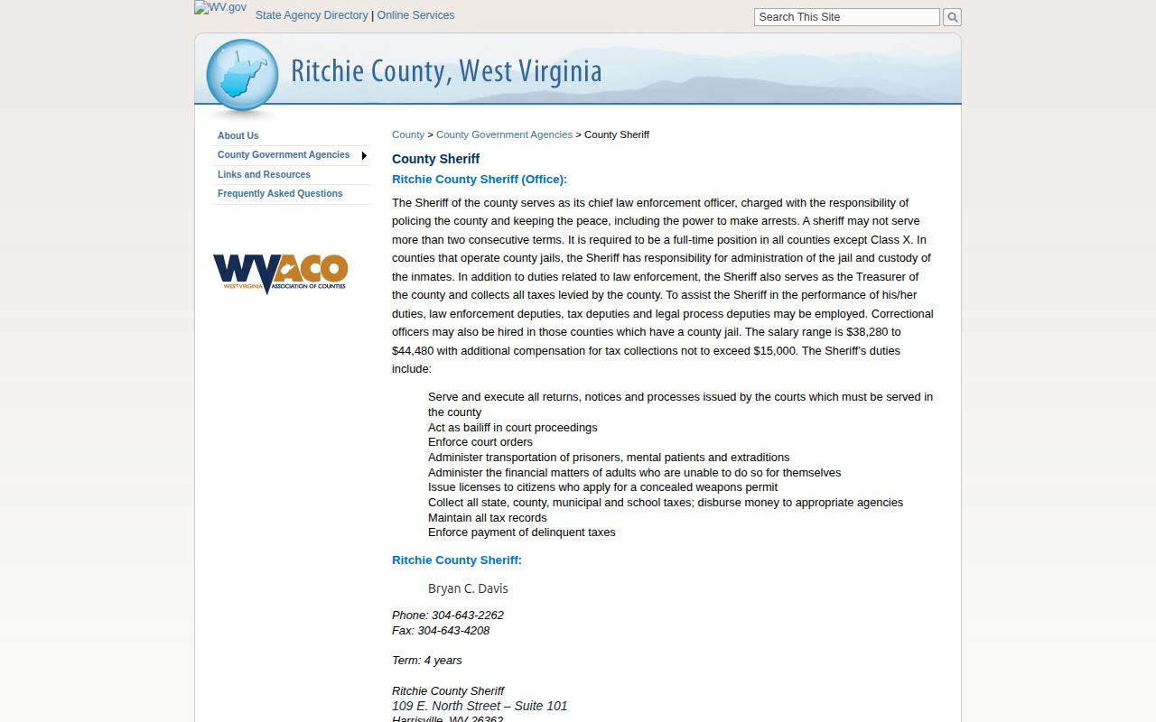 Ritchie County sheriff contact page for booking-record and arrest-record routing