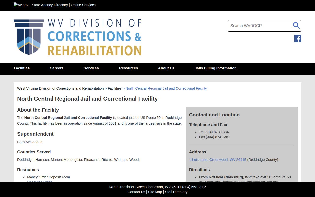 Ritchie County regional custody information on the WVDCR North Central Regional Jail facility page