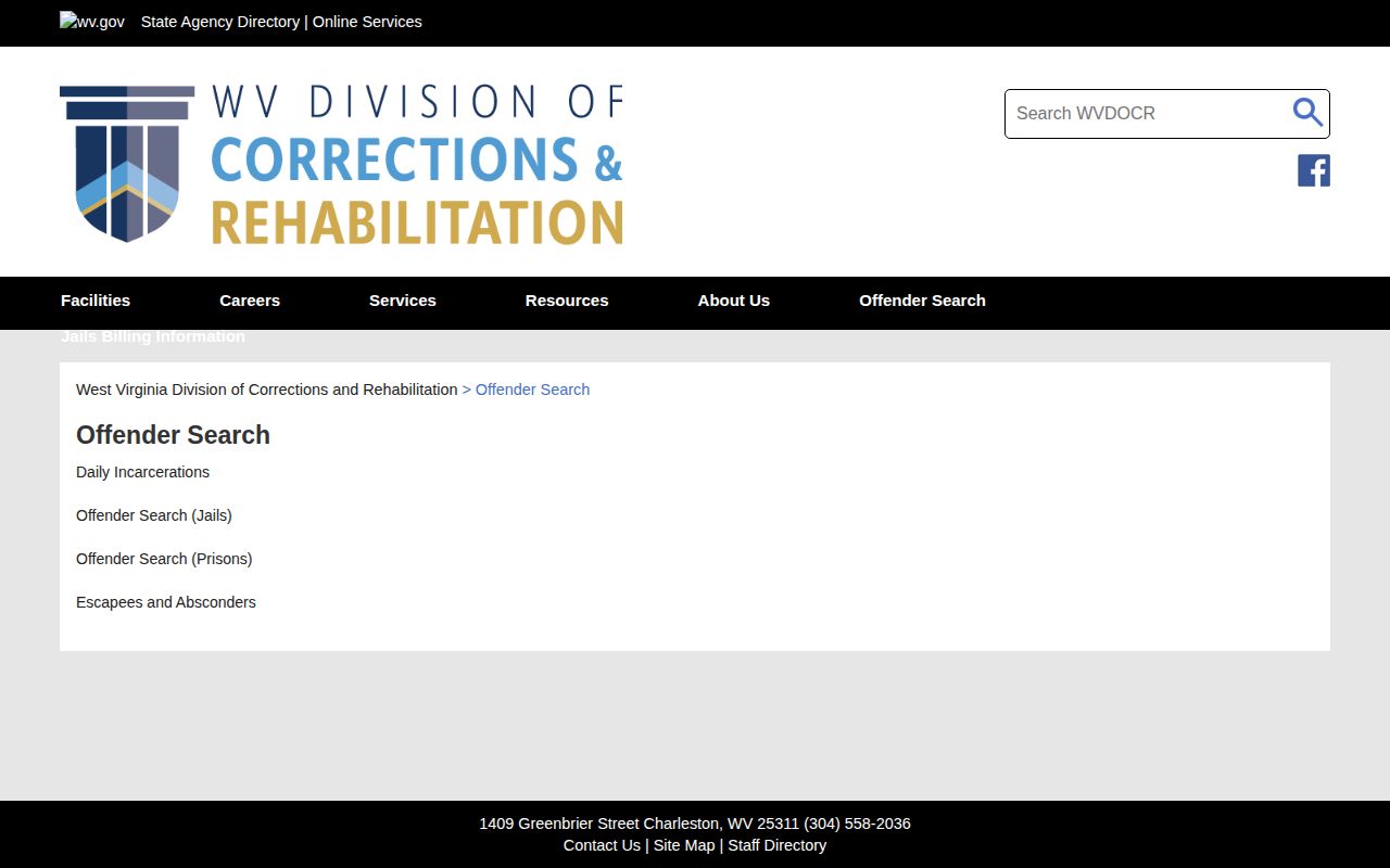 Ritchie County official custody lookup route at the WVDCR offender search landing page