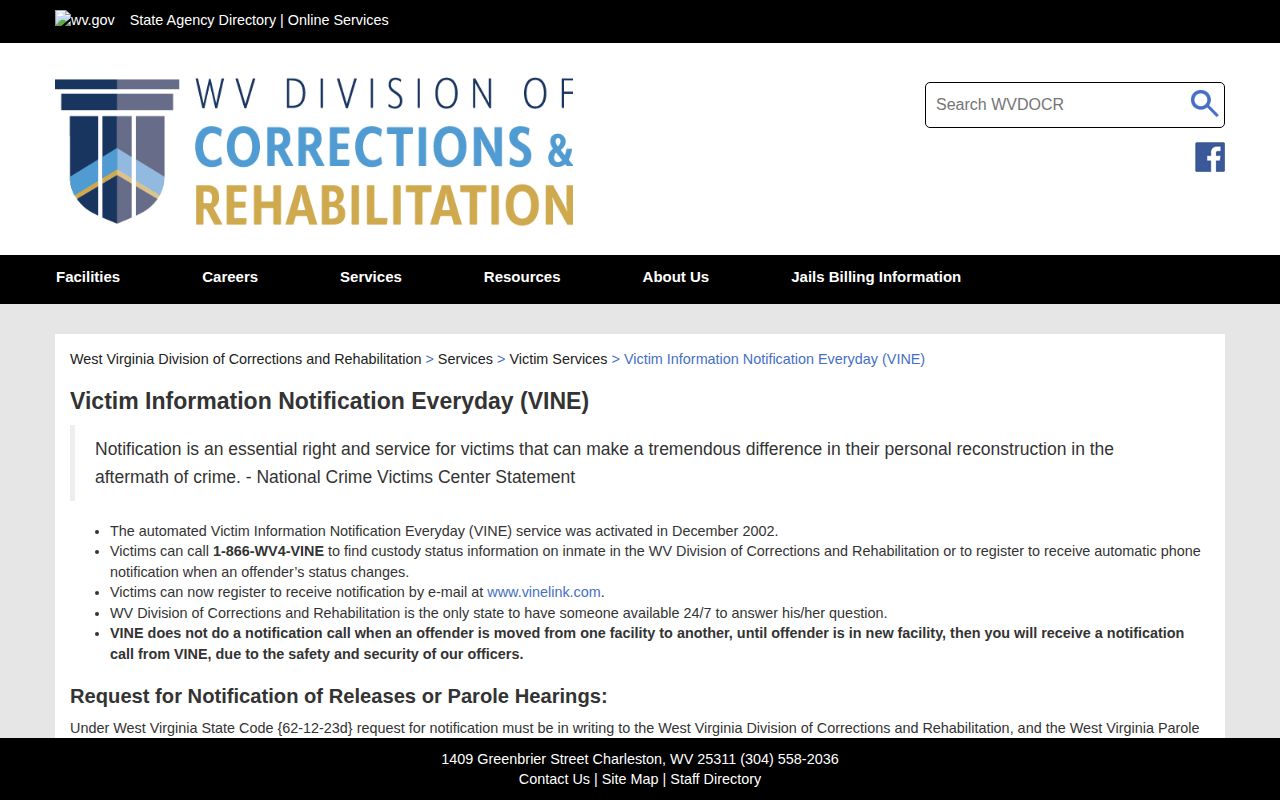 Ritchie County custody-status notification information on the West Virginia WVDCR VINE service page